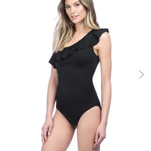 La Blanca Black One-Shoulder Ruffle One Piece